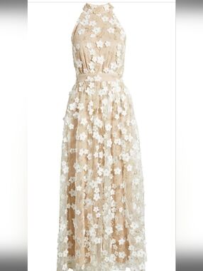 CHELSEA28 3D FLORAL WHITE & GOLD HALTER MAXI DRESS SZ XS